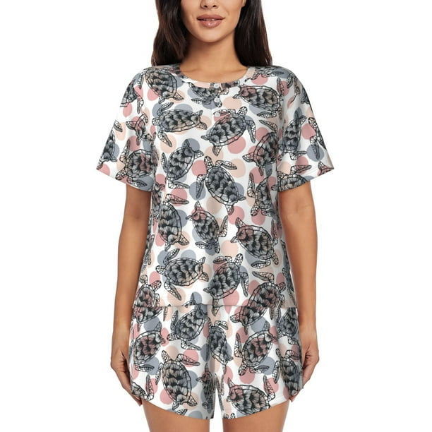 Fotbe Turtle Conjunto de Pijama Estampado para Mujer, 2 Piezas, Ropa de Dormir con Camiseta de Manga Corta y Shorts Suaves-Large