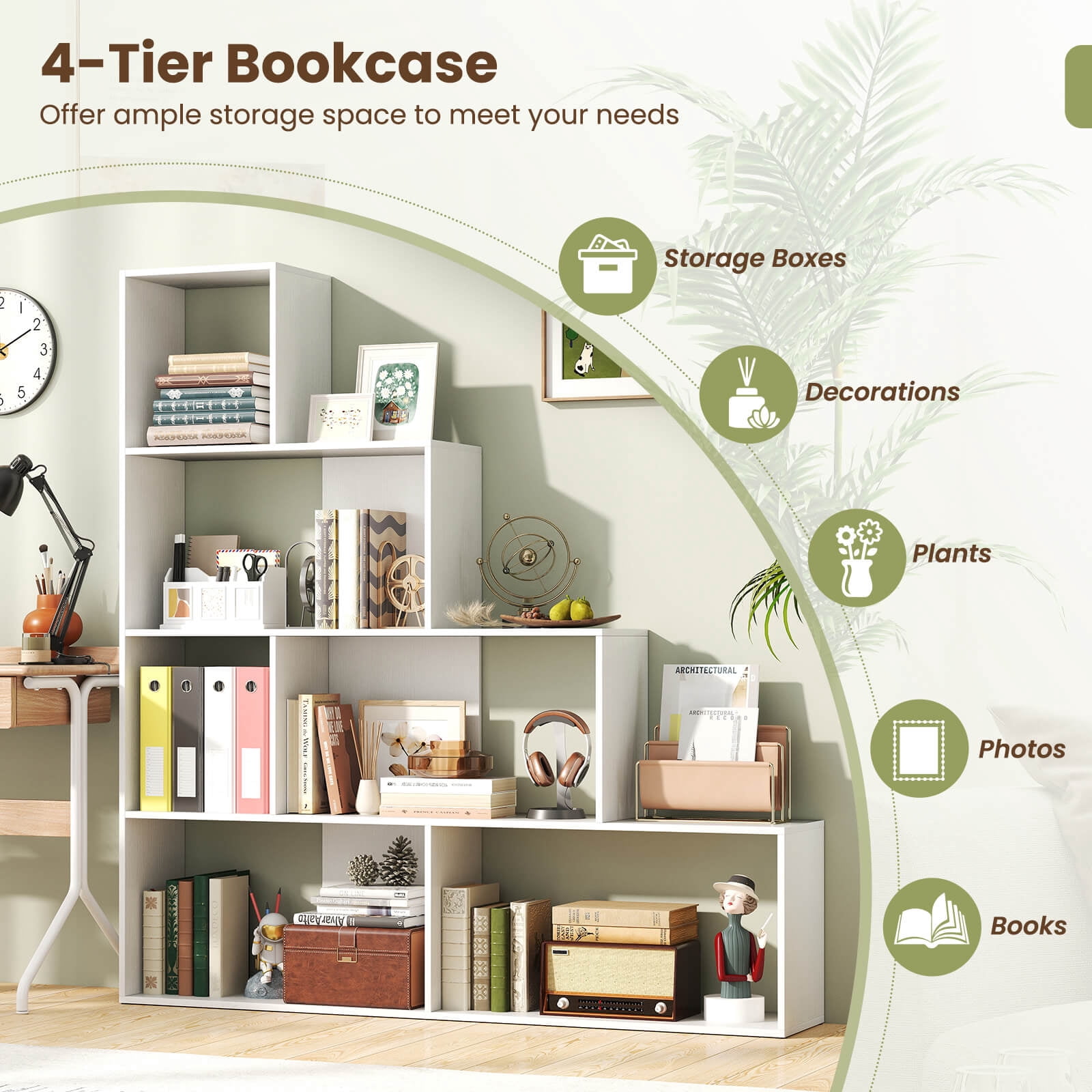 Costway 1 PCS 4-Tier Bookshelf with 6 Storage Cubes 64" Tall Modern Geometric Stair Bookcase