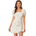 thumbnail image 1 of Allegra K Femmes Froncées devant Cou Carré Ourlet Volants Manches Courtes Robe Florale Blanc-Violet XS, 1 of 5
