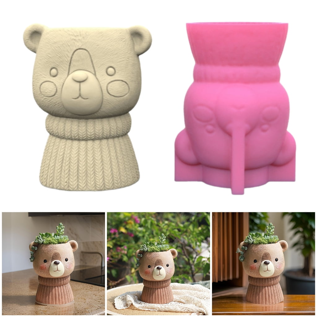 FENOHREFE Flowerpot Molds Silicone Candle Holder Mould Lovely Bear Shaped Vase Molds Concrete Plaster Pen Holder Mold for Craft