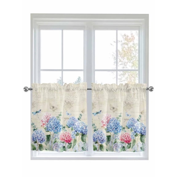 Blue Hydrangea 2 Panel Kitchen Curtains for Small Windows, Pink Flowers Spring Botanical Country Plants Bathroom Tier Curtain, Short Window Treatment for Bedroom/Living Room 55"x24"