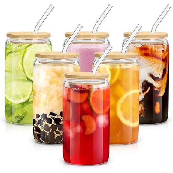 Set De 6 Vasos Lata Vidrio 16oz 473ml Con Tapas Bambú Popote 18pz