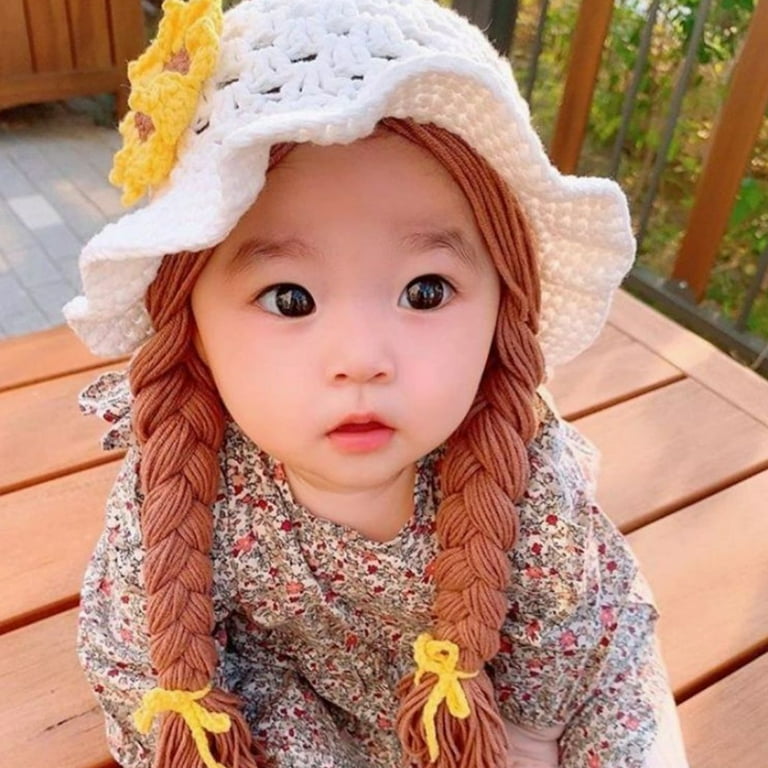 Leadrop Baby Girls Braided Wig Woolen Yarn Knitted Hat Sunflower
