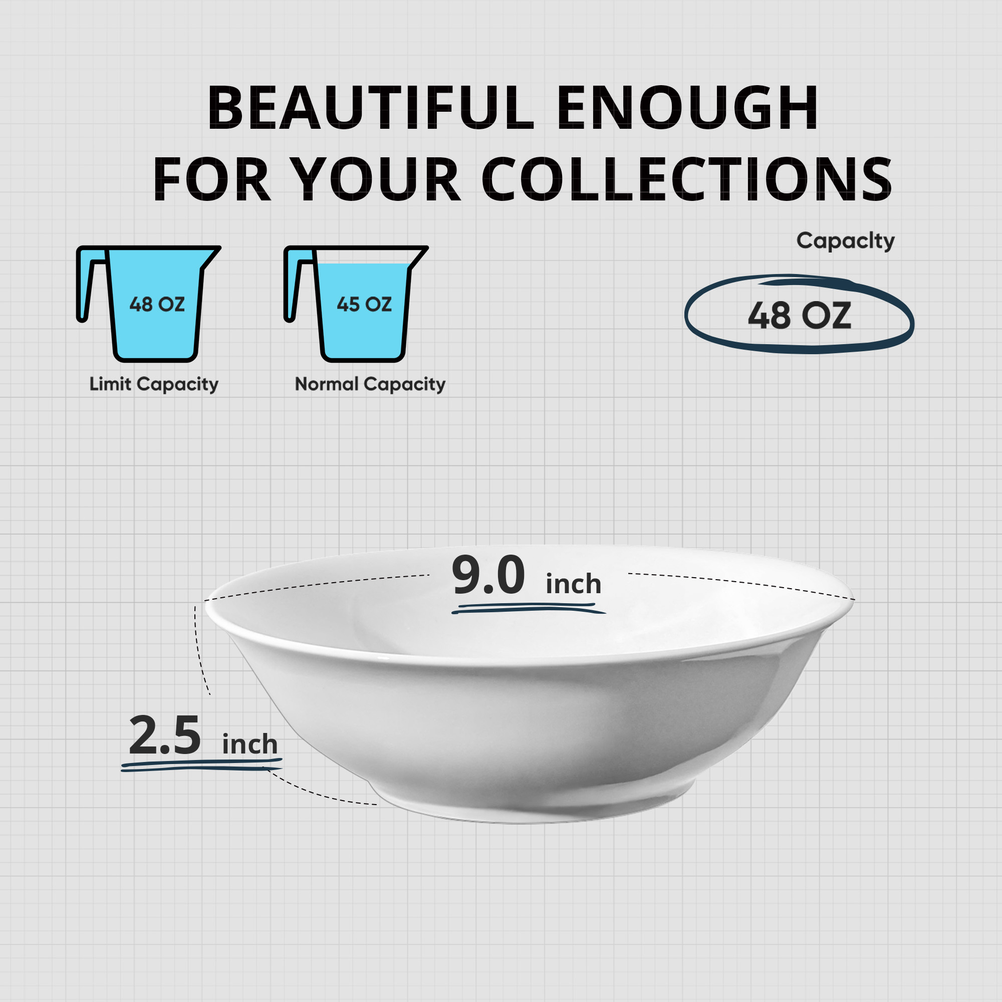 LIFVER 9in /48Oz Ceramic Salad Bowl, Set of 4 Large Pasta Serving Bowls for Home, Porcelain Cereal Soup Bowls Ceramic, Microwave &Dishwasher Safe, Glazed White
