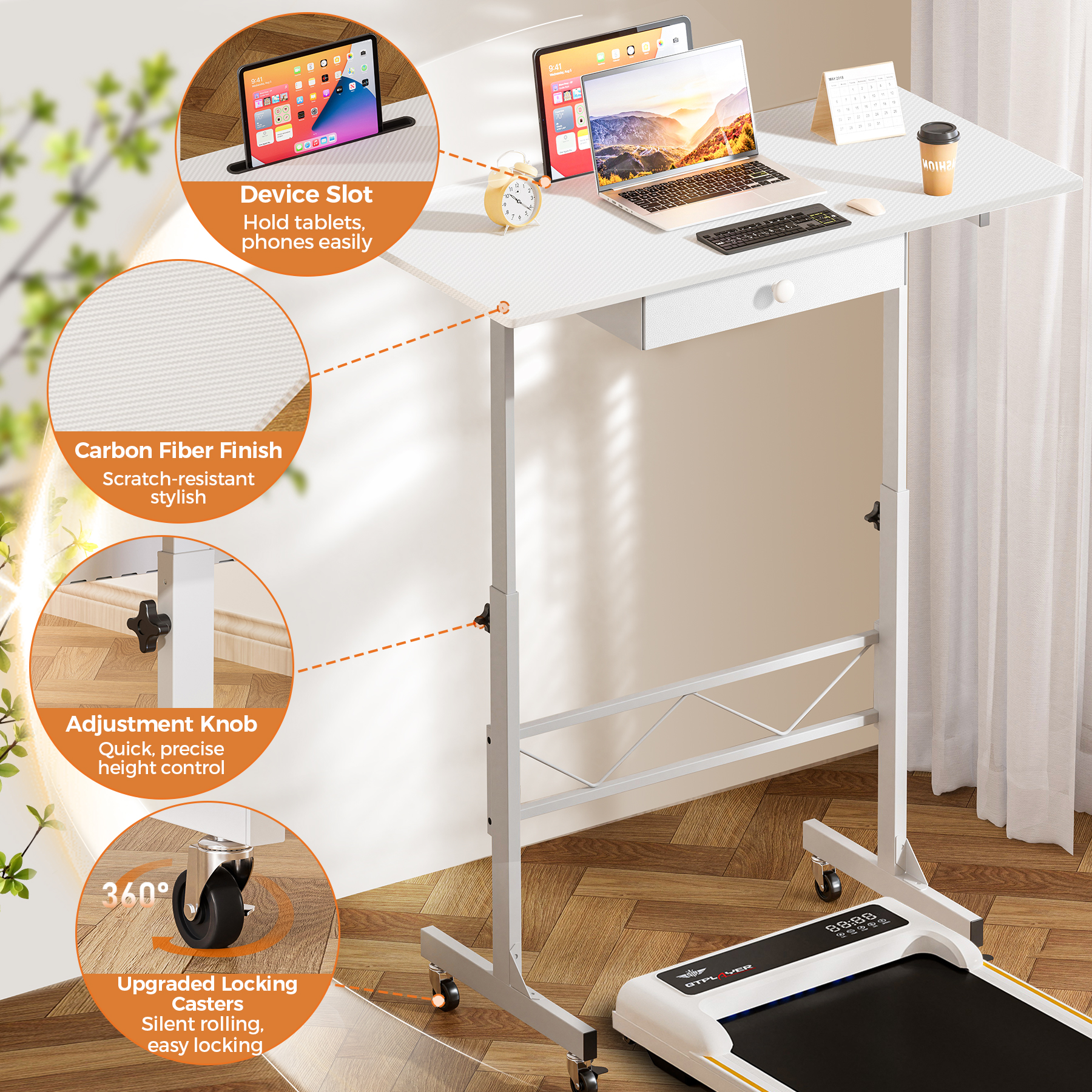 EXRACING Adjustable Standing Desk, 32" Portable Rolling Laptop Table with Wheels, Small Sit-Stand Computer Workstation，White