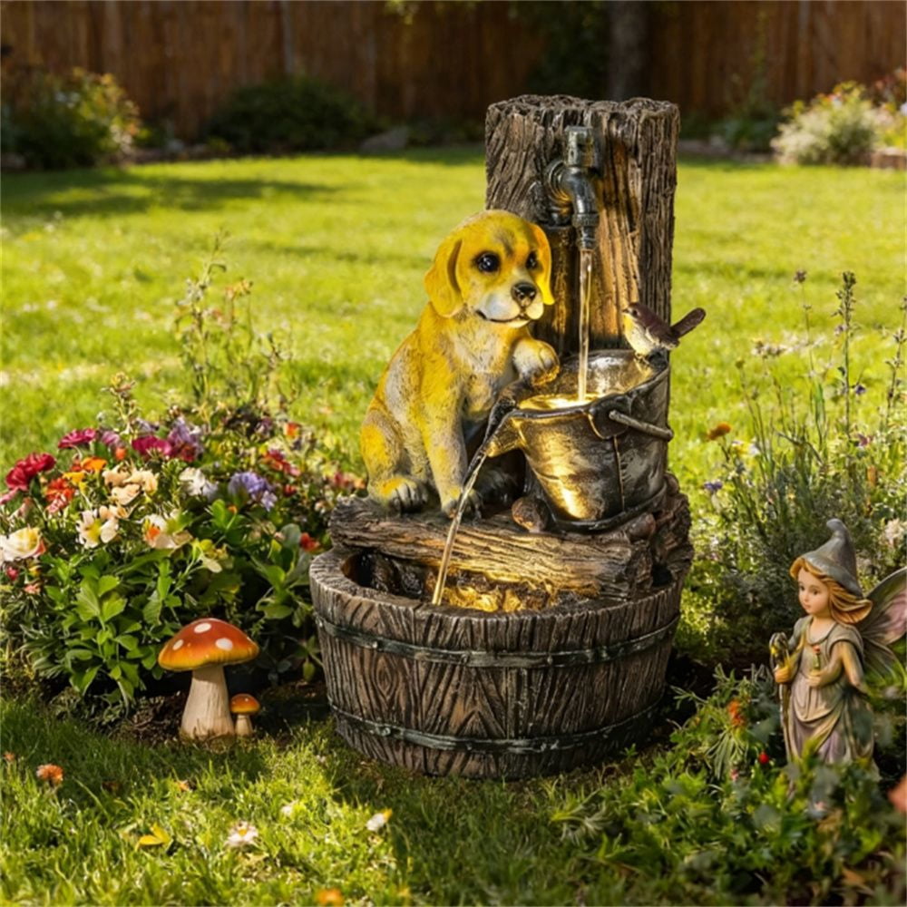 Outdoor 3-Tier Water Fountain with Puppy Bird Figurine Warm LED Lights 3-Speed Pump Rustic Brown for Garden Patio Yard