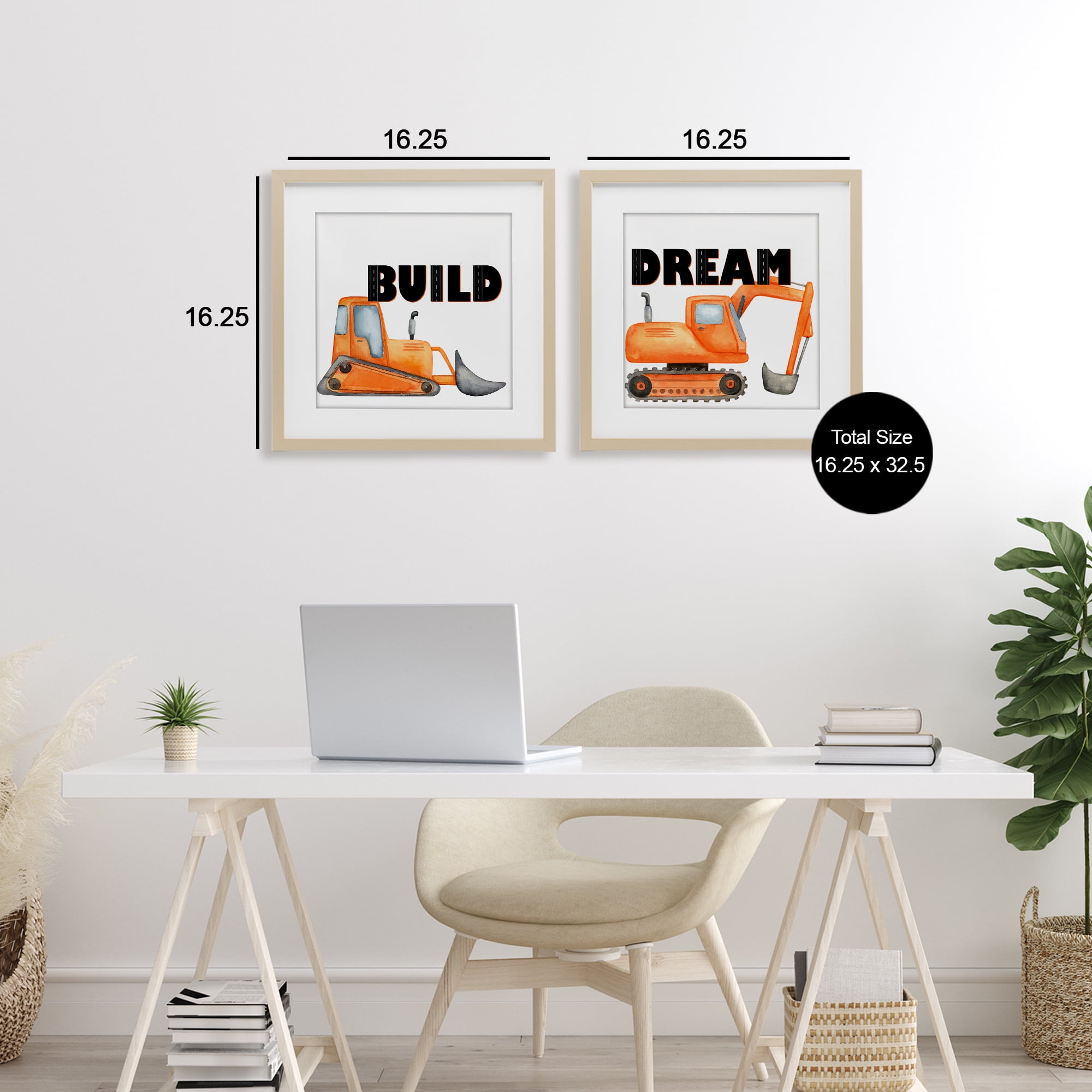 Build & Dream Construction Vehicles 2 Piece Birch Framed Print Under Glass Set, design by Kim Allen