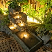 Tiered Water Fountain Outdoor Waterfall Freestanding Cascade Fountain Modern Style with LED Lights for Patio Yard Pool Home Decor
