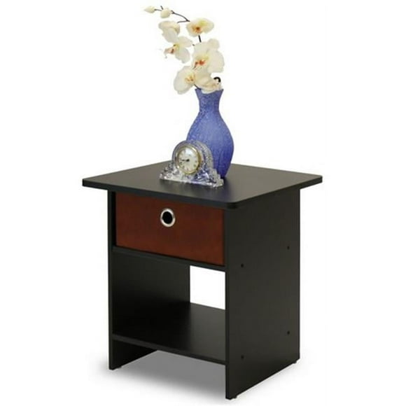 Furinno End Table - Night Stand Storage Shelf with Bin Drawer&#44; Espresso & Brown - 17.8 x 15.5 x 15.5 in.