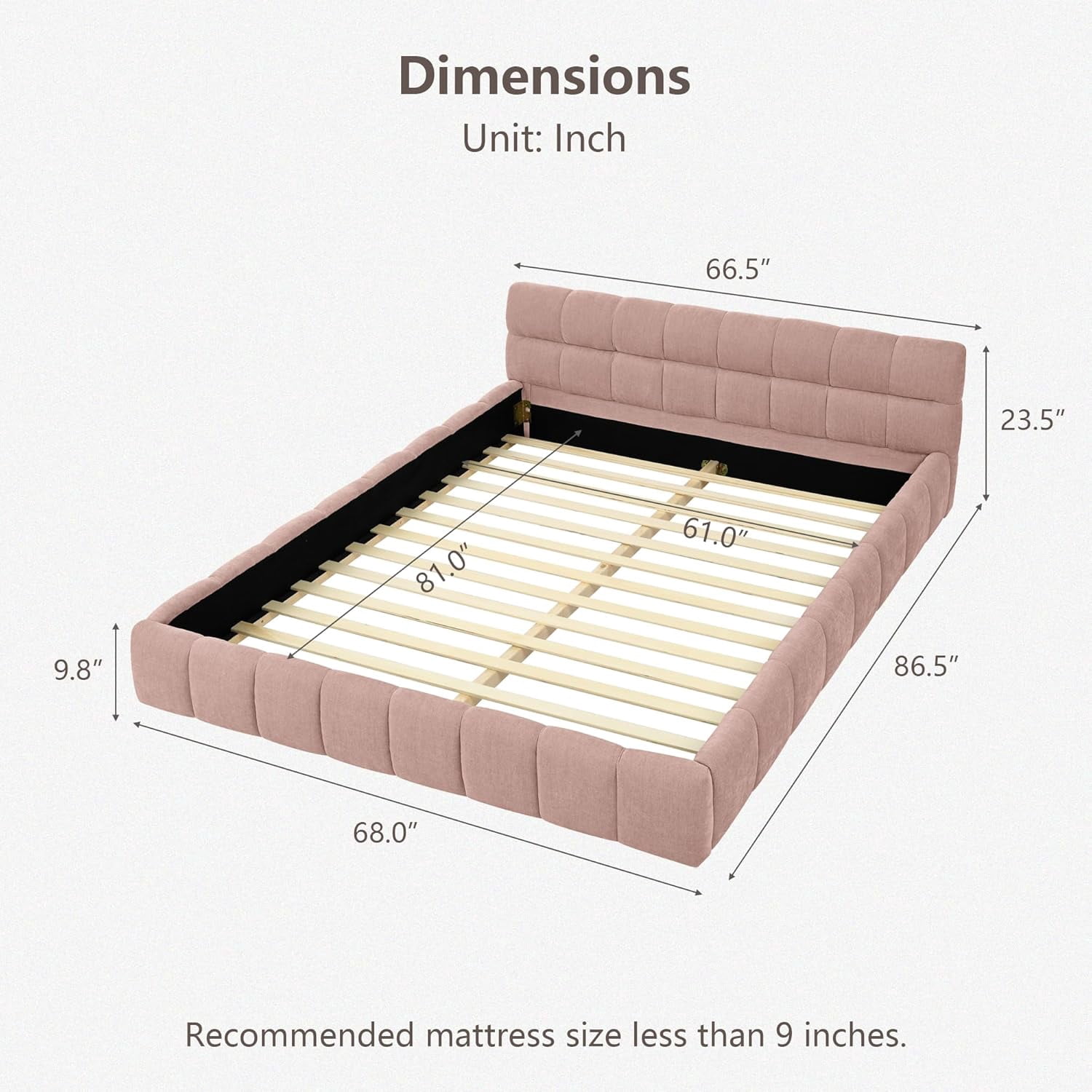 GAKMCIL Modern Queen Size Bed Frame, Chenille Fabric Grounded Queen Size Low Platform Bed with Headboard and Thick Fabric, Easy Assembly, No Box Spring Needed (Pink， 68''*86.5''*23.5'')