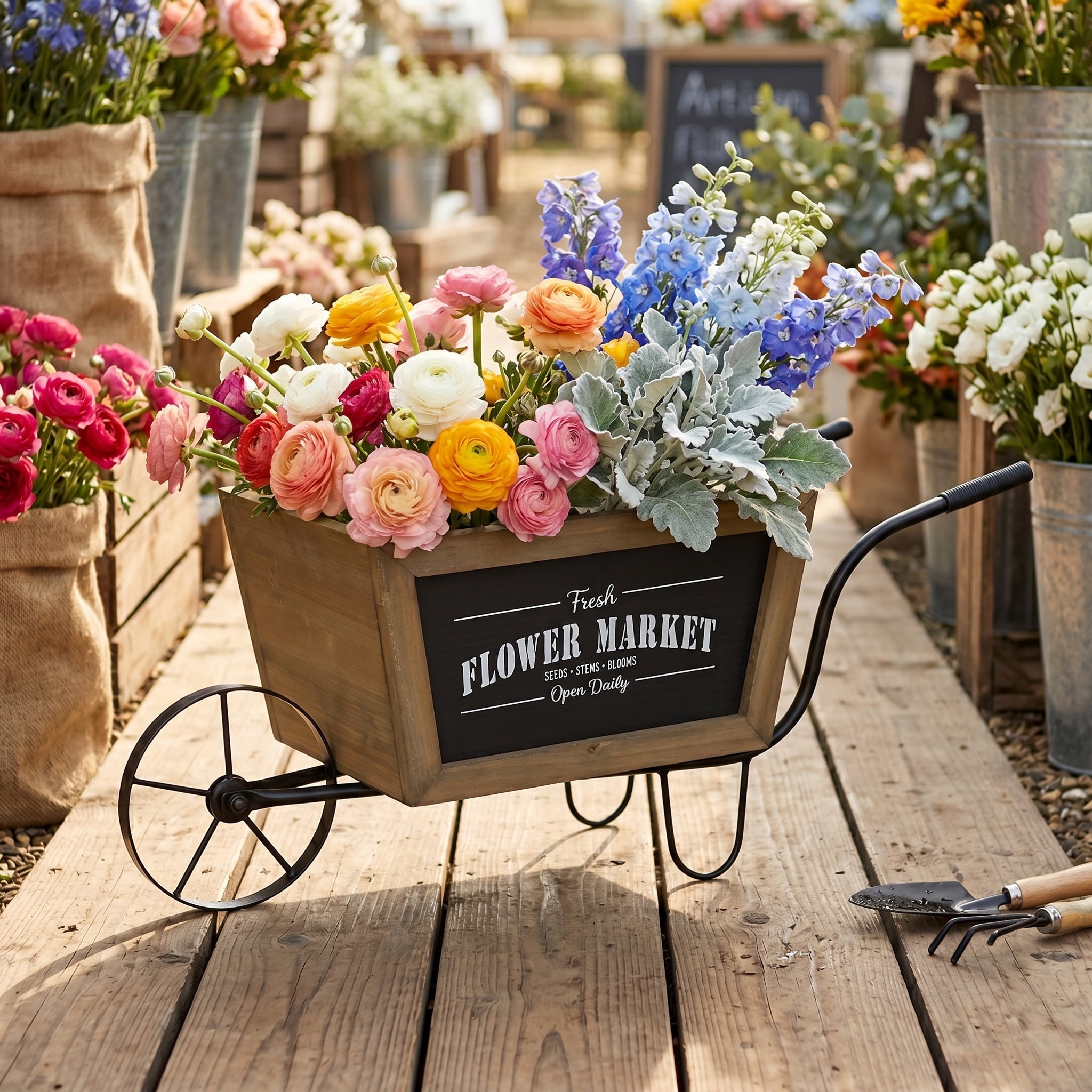 Farmhouse Flower Market Wheelbarrow Planter 19.5x8x8.5 Inch Black Metal Frame for Tabletop Kitchen Counter