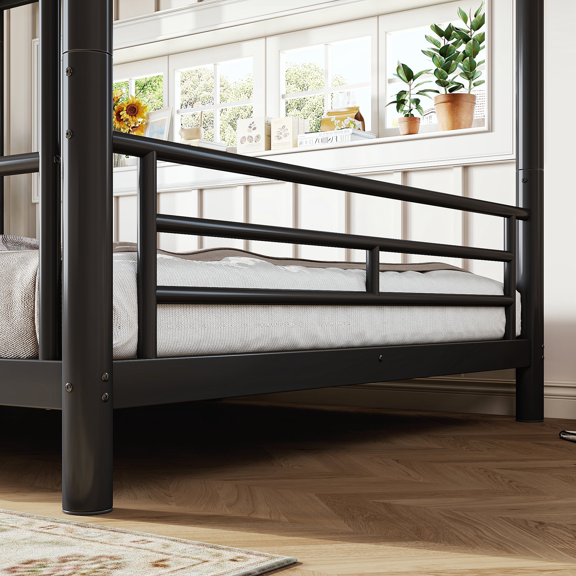 Aukfa Full over Full Metal Bunk Bed, Converts into Two Full Beds, Round Tube Construction & No Box Spring Needed, Black