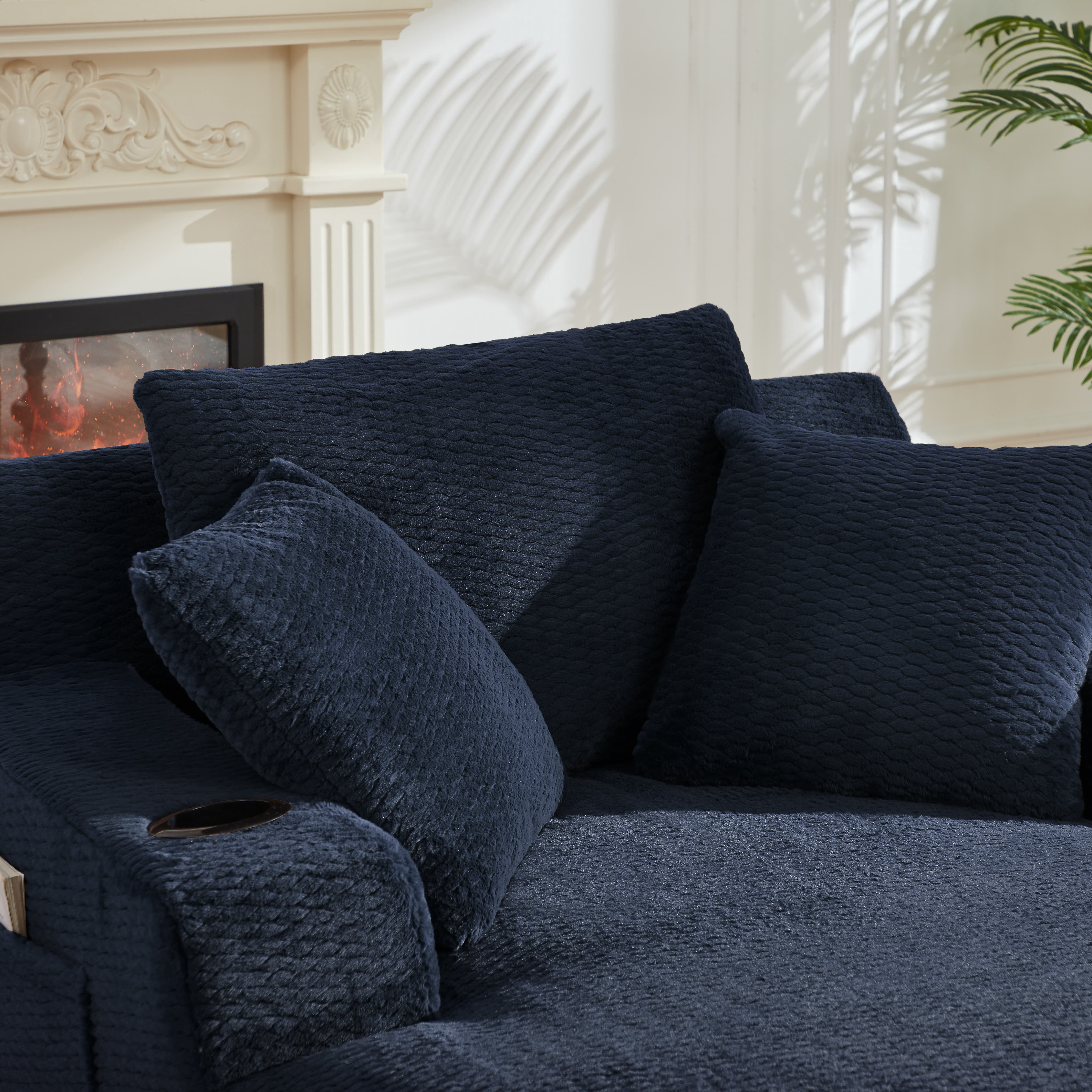 MAYEERTY Oversized Plush Chaise Lounge Sofa, Modern Comfy Sleeper with Cup Holders for Living Room, 49*66*28"Dark Blue