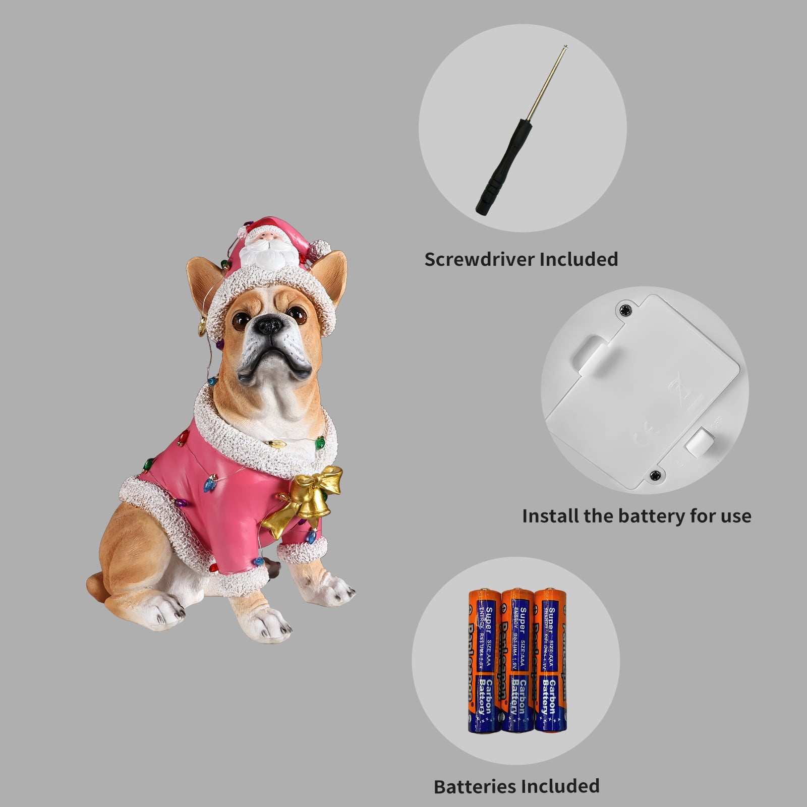 French Bulldog Pink Santa Outfit Christmas Dog Statue with Light Details Holiday Tabletop Decor