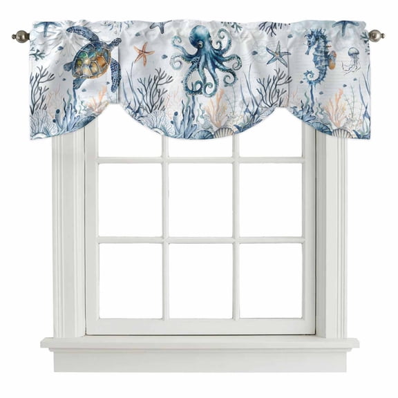 Blue Turtle Coastal Tie Up Valance Curtains for Windows, Kitchen Curtains Window Treatments, Octopus Summer Beach Coral Starfish Seahorse Short Window Valances for Bedroom Bathroom Cafe 42"x12"