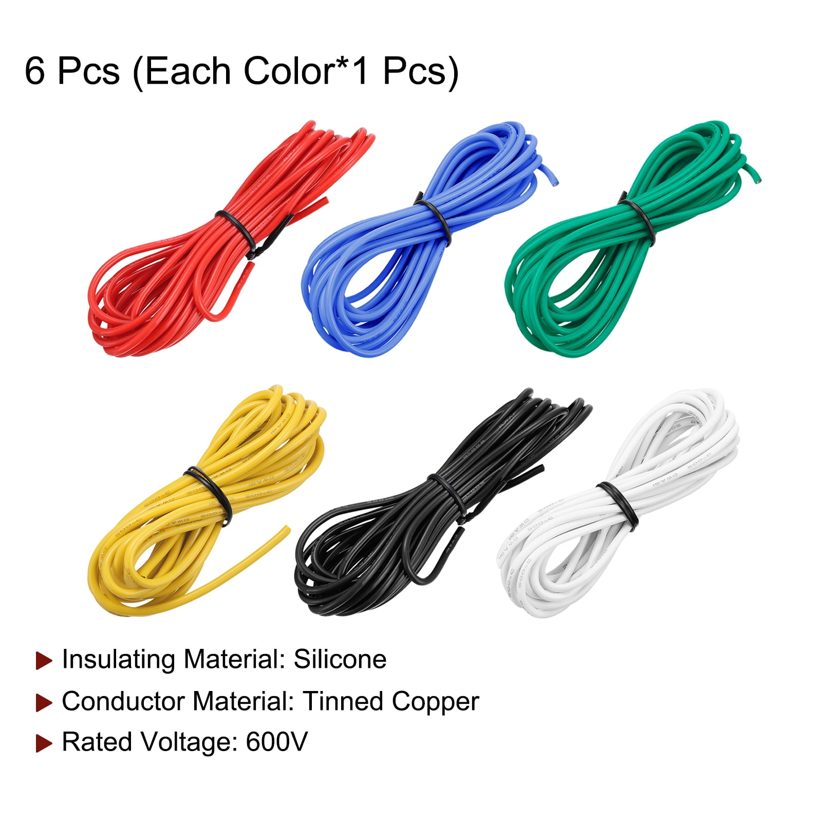 Uxcell 6Pcs 16 Gauge Silicone Wire 16AWG Electrical Wire Stranded Wire Flexible Tinned Copper Wire High Temp Hookup Wire 6 Color 10ft
