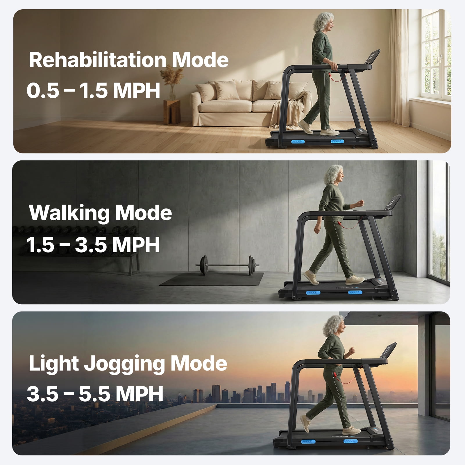 MERACH Treadmill for Seniors with Handrails, 2 in 1 Walking Treadmill for Fitness Recovery, 300 lbs Capacity