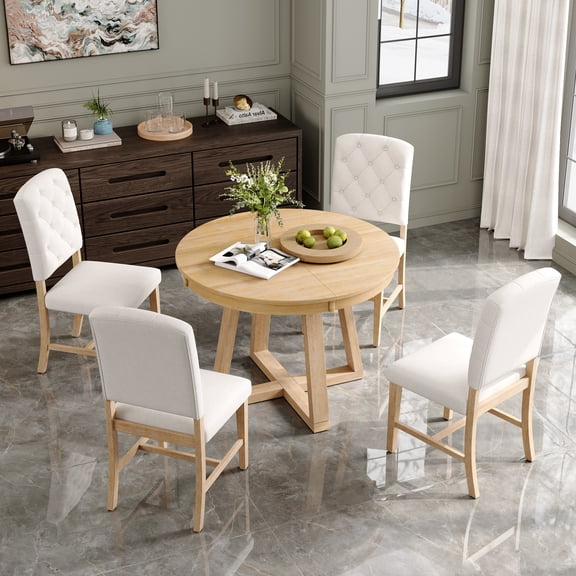 EUROCO 5PCS Retro Round Dining Table Set for 4, 42"-58" Extendable Dining Set with 16"W Removable Leaf and 4 Upholstered Chairs,Kitchen Table Set for Dining Room,Natural