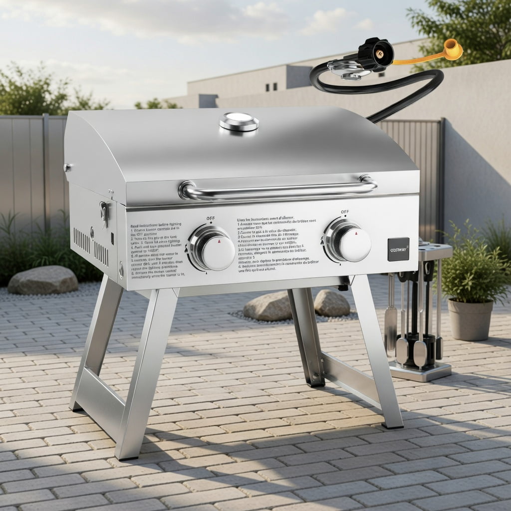 Resenkos Outdoor Patio Barbecue Cooker, Outdoor Grills,Stainless Steel Propane Grill with Lid for Outdoor Camping Tailgating Picnic Party-Silver