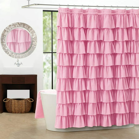 Pink Ruffle Shower Curtain Farmhouse, Pink Ruffle Curtain