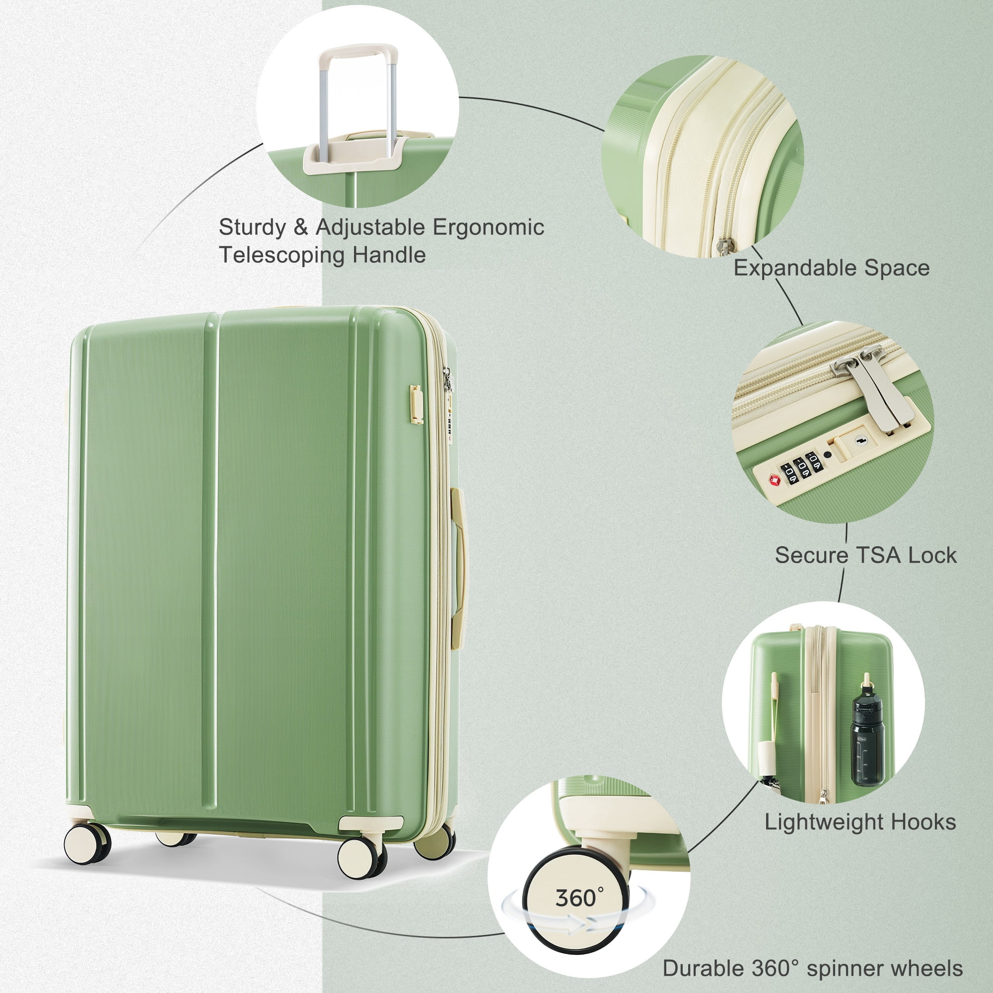 Aukfa 3 Piece Luggage Set Expandable with USB Port, Lightweight Spinner Suitcase, Green