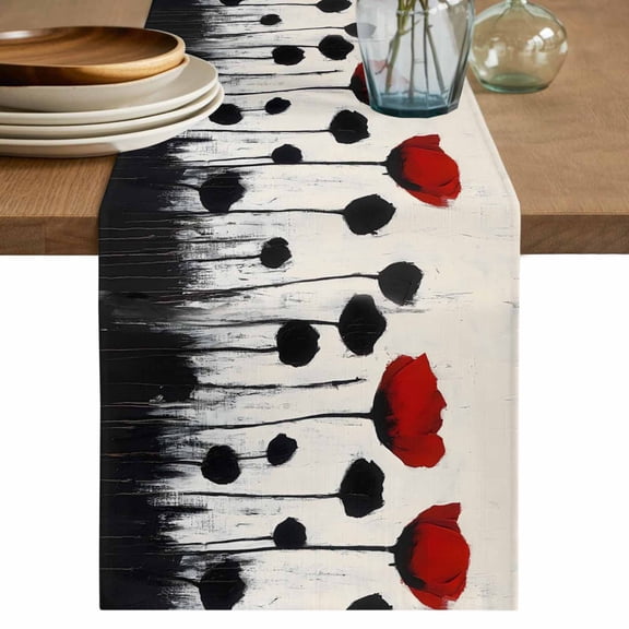 Red Black Floral Table Runner 108 Inches Long,Vintage Rustic Oil Painting Flowers Cotton Linen Table Runners Dresser Scarves,Fabric Tabletop Scarf Furniture Cover for Home Dinner Party 13"x108"