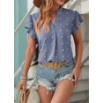 thumbnail image 3 of Women 2025 Summer V Neck Ruffle Short Sleeve Blouse Dot Flowy Shirt Tunic Top Blue L, 3 of 4