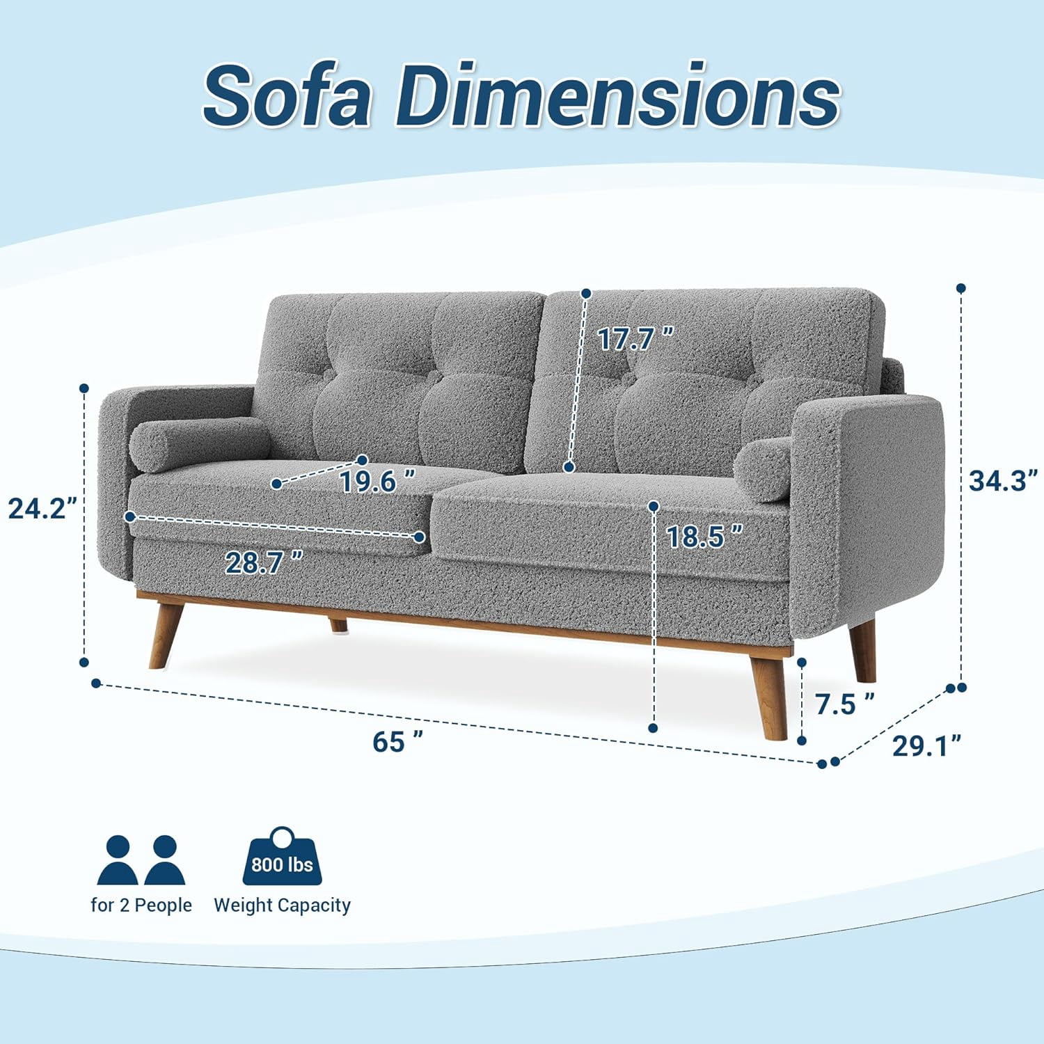 IdealHouse 65" Loveseat Sofa, Mid Century Modern 2-Seater Couch, Teddy Fleece Boucle Upholstered, Deep Seat Love Seat for Living Room, Bedroom, Grey