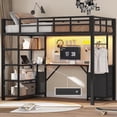 thumbnail image 2 of Twin Size Loft Bed with Power Outlet and LED Lights, Metal Loft Bed Frame with L Shape Desk and 4-Tier Storage Shelves, No Box Spring Needed,  Black, 2 of 9