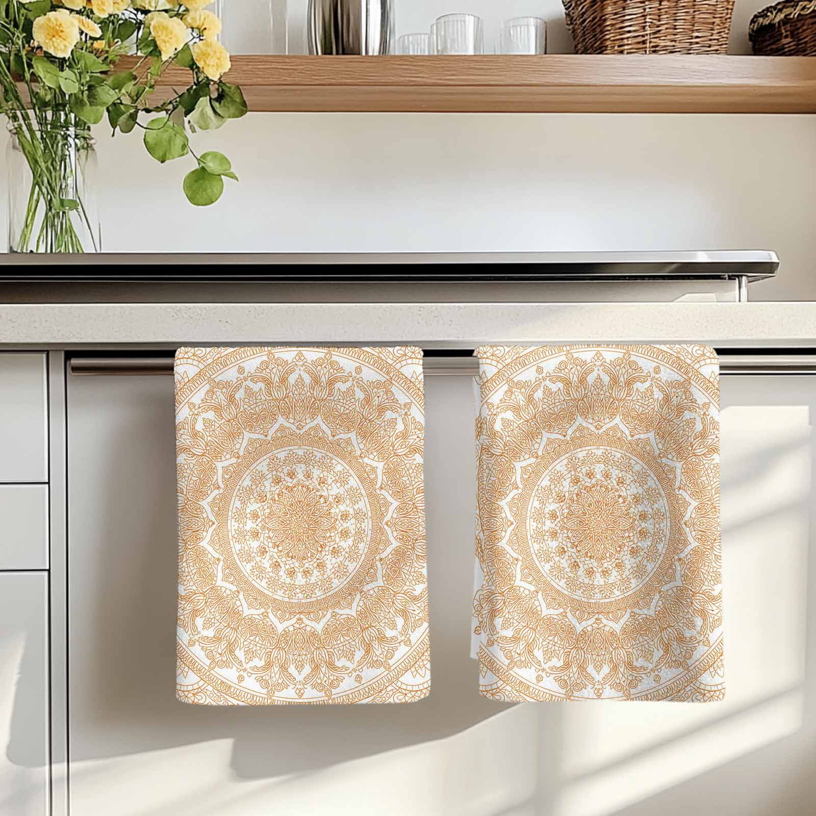 Boho Geometric Kitchen Towels Set of 2, Ethnic Bohemian Farmhouse Art Motifs Absorbent Dish Towels for Kitchen, Microfiber Hand Towel, Quick Drying Tea Towel for Cleaning Decorative Dishcloths