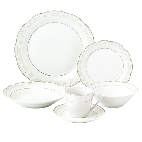 Lorren Home Trends 24 Piece Wavy Porcelain Atara Collection Dinnerware Set, Silver