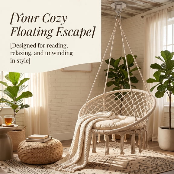 WEIZHUO 31.5 inch Hammock Swing Chair,Beige Macrame Hanging Chair,Cotton Cushion Hanging Rope Swing Chair for Indoor Outdoor
