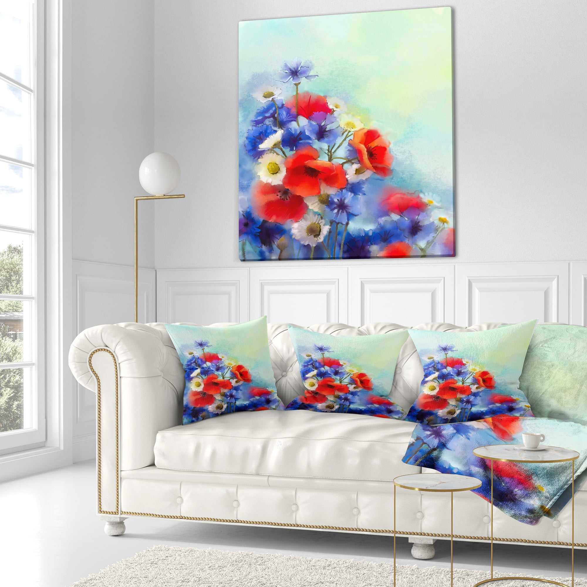 Designart Blue Cornflower and White Daisy - Floral Throw Pillow - 16x16
