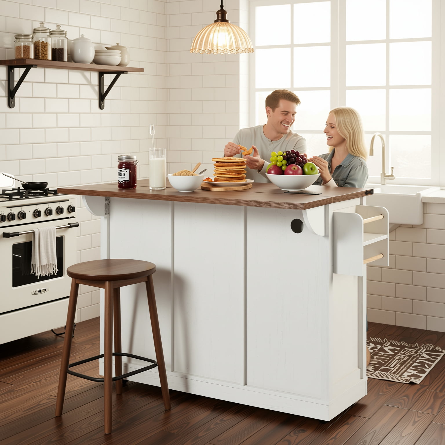 Homy Casa Farmhouse 53.7" Rolling Kitchen Island with Storage Cabinet, Sliding Barn Doors, Wood Top Storage Cart