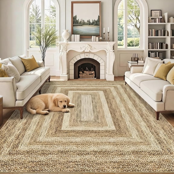 10x13 Washable Area Rug, Low Pile Non-Slip Braided Print Floor Rug, Soft Polyester Accent Carpet for Living Room, Bedroom, Dining Room,linen