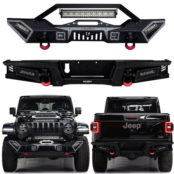 Vijay Compatible with 2020-2026 Jeep Gladiator JT Front and Rear Bumper Textured Black Steel with 7 x LED Lights and 4 x D-rings