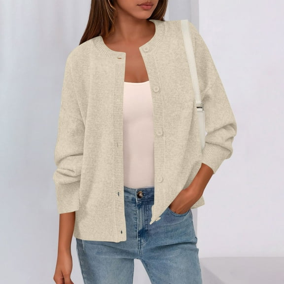 Fall Fashion Knit Cardigan Sweaters for Women 2025 Soft Round Collar Button Down Sweater Jackets Casual Solid Color Long Ribbed Sleeve Coat