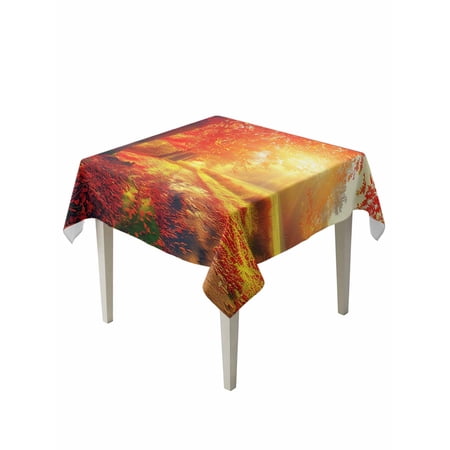 Fall Thanksgiving Table Cloth, Red Orange Sunrise Forest Autumn Waterproof Tablecloth for Square Tables, Reusable Washable Fabric Table Cover for Restaurant Kitchen Dining Tables 54"x54"