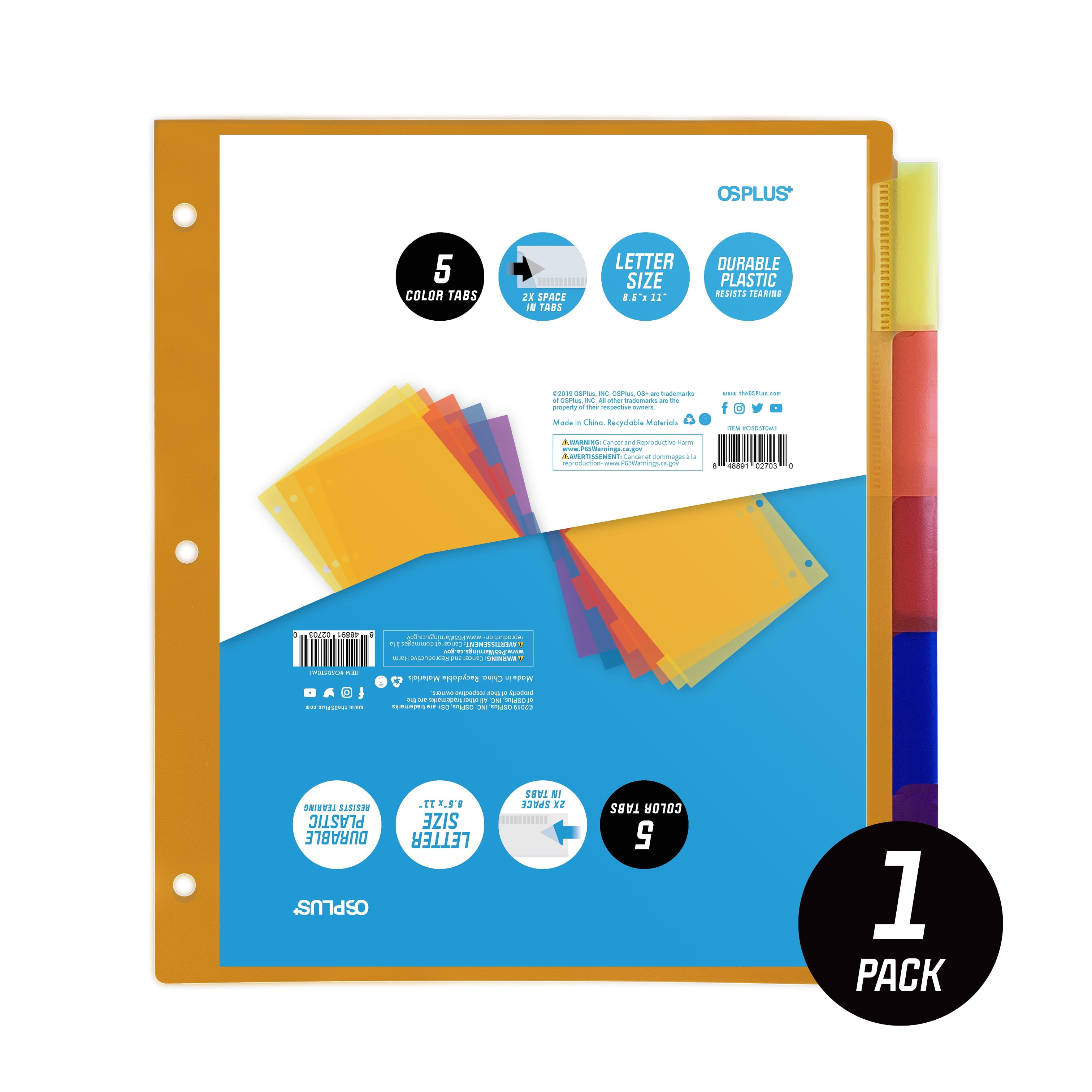 5-Tab Plastic Binder Dividers, Insertable Multicolor Big Tabs, 1 Set