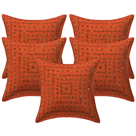 Stylo Culture Ethnic Decorative Throw Pillow Covers 16x16 Embroidered Mirror Lace Orange Bohemian 40 x 40 cm Living Room Cotton Geometric Square Cushion Covers | Set Of 5