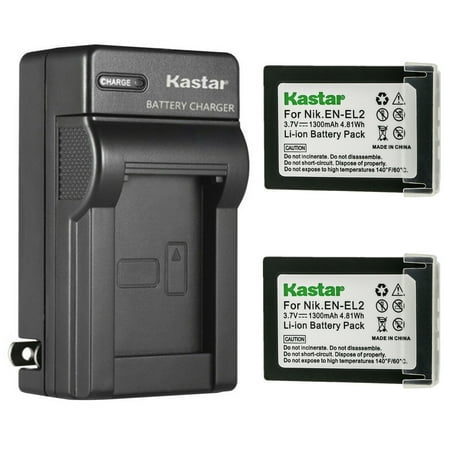 Kastar 2-Pack Battery and AC Wall Charger Replacement for Nikon EN-EL2 ENEL2 EL2 Battery Nikon MH-60 Charger Nikon Coolpix 2500 Nikon Coolpix 3500 Nikon Coolpix SQ500 Digital Cameras