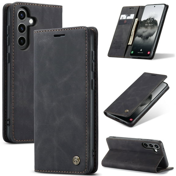 Dteck Case for Samsung Galaxy S24,Vintage Leather Magnetic Wallet Case Card Slot TPU Shockproof Kickstand Full Body Protective Cover for Galaxy S24,Black