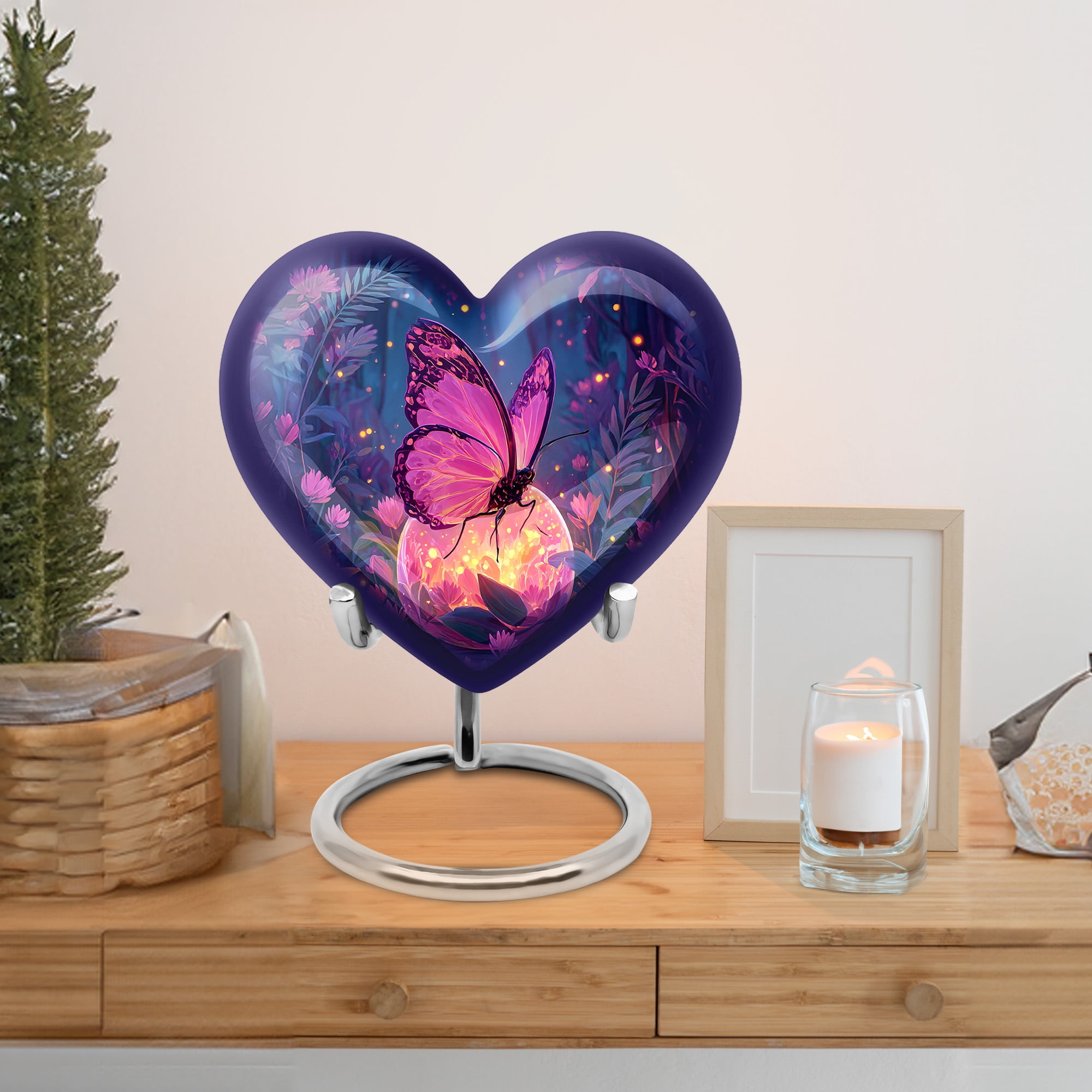 MUKTIVE Purple Butterfly Keepsake Heart Urn for Ashes for Men & Women, Purple Flower Cremation Urns for Human Ashes, Handcrafted Gift for Loss of Family, 3 Inch Small Blue Cremains Ash Holder