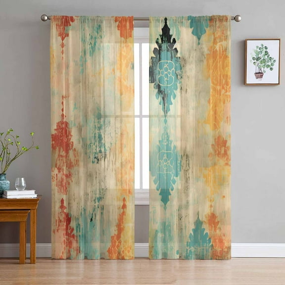 Orange Teal Red Sheer Curtains 63 Inches Length 2 Panels Set, Window Sheer Curtains for Living Room/Bedroom, Boho Ethnic Abstract Splashing Art Light Filtering Rod Pocket Curtain 52'' x 63'' x 2