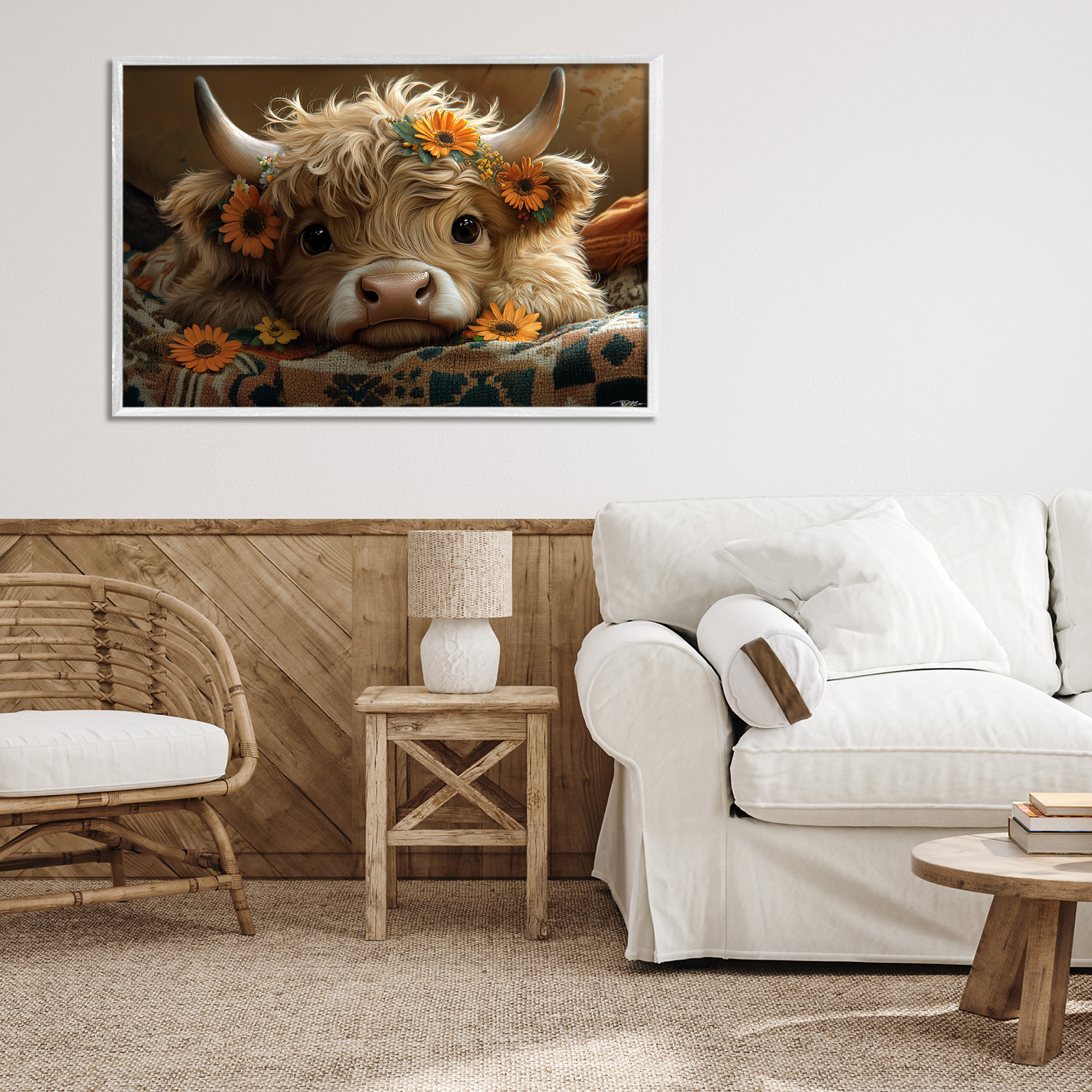 Adorable Flower Bedecked Cattle White Framed Giclee Art, design by Momart