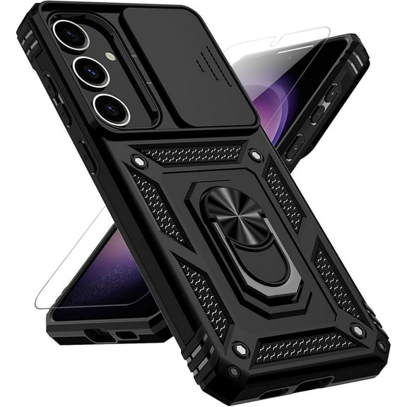 MYKOMI for Samsung Galaxy S25 Case with Slide Camera Cover HD Screen Protector [15ft Military Grade Drop Tested] Magnetic Ring Holder Kickstand Protective Phone Case for Galaxy S25 2025 (6.2 inch)