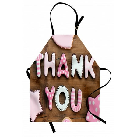 

Thank You Apron Romantic Sweet Cookie Letters Sugar Candy on a Rustic Wood Table Image Unisex Kitchen Bib Apron with Adjustable Neck for Cooking Baking Gardening Pink White Brown by Ambesonne