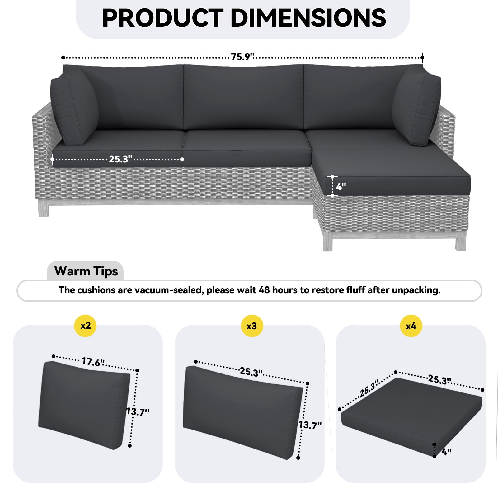 4 inch Outdoor Cushions for Patio Furniture with 5 Pillows, Patio Furniture Cushions,Water-Resistant Outdoor Couch Cushions,4 Seat Sofa Cushions for Outdoor Sectional,Black