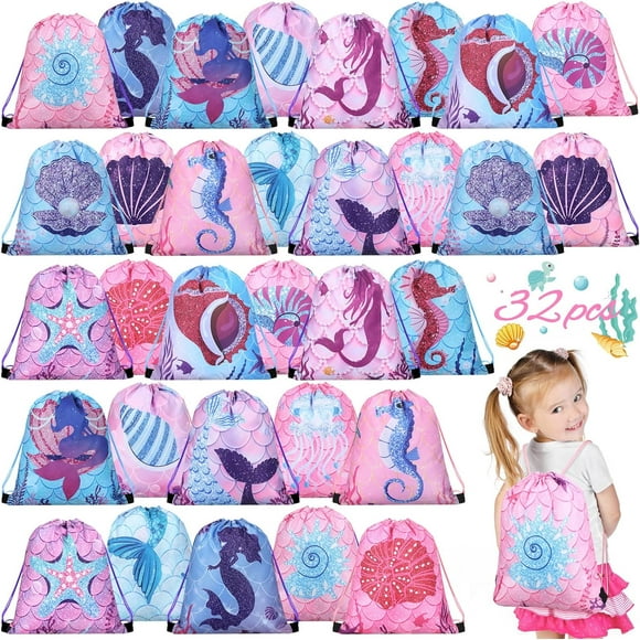 Bamboohart 32 Pcs Mermaid Drawstring Backpack Mermaid Party Favor Bags Candy Gifts Sea Mermaid Goodie Bags Mermaid Treat Bags for Birthday Party School Travel 10 x 12 Inch