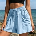 thumbnail image 2 of Women's Loose Fit Cotton Blend Casual Shorts with Pockets, High Waisted Elastic Drawstring Summer Beach Shorts, Lightweight Breathable Fabric, Tummy Control Comfy Lounge | TruHer,Light Blue L, 2 of 7